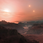 This artist’s impression shows a sunset (speculated and hypothetical) as seen from an exoplanet in another solar system - super-Earth Gliese 667 Cc, in a triple star system. Image Credit: ESO/L. Calçada. Source: http://www.eso.org/public/images/eso1214a/.